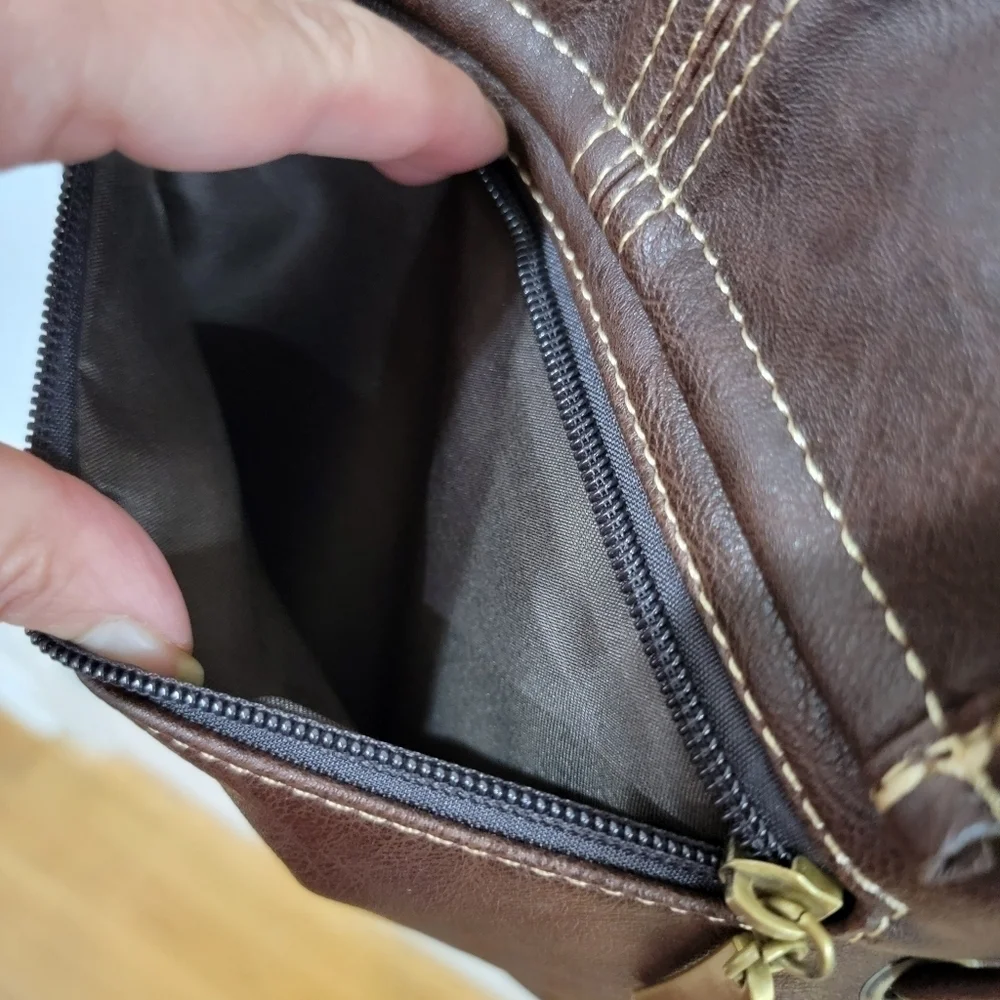 Zhi Zhou Crossbody Bag Flap Top Brown with Contrast Stitching